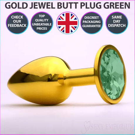 Chrome Gold Jewelled Butt Plug Green - Save 10% - Fast Shipping - Sale United Kingdom Stoke-on-trent