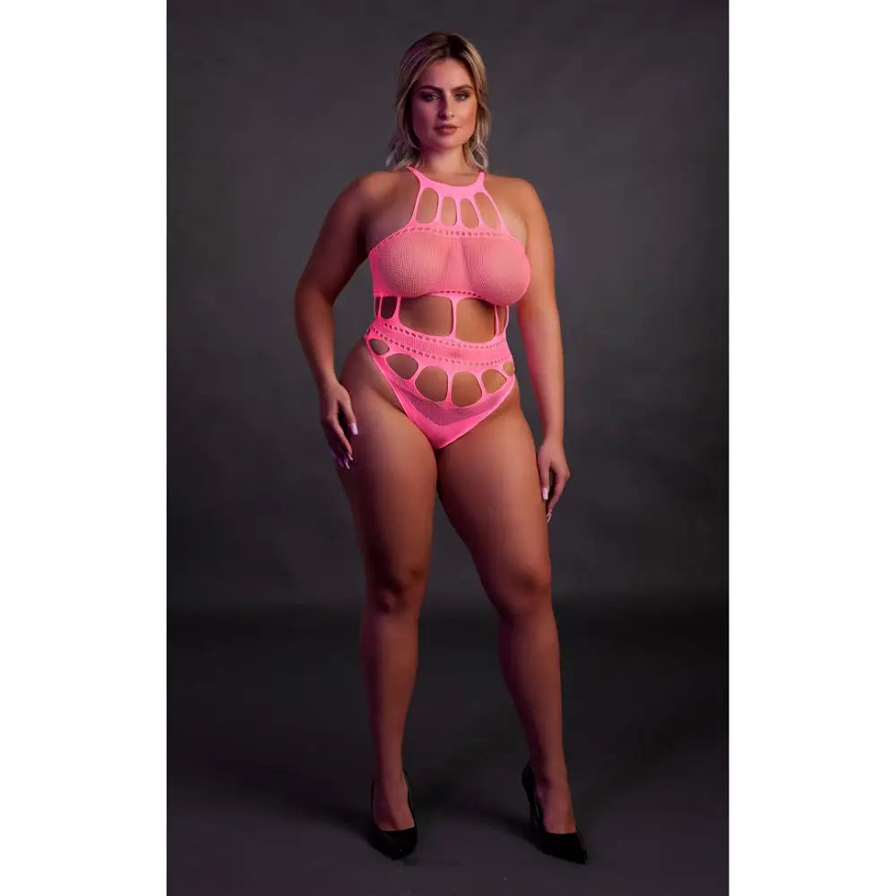 Cut out Thong Bodysuit Neon Pink Plus Size - out - Fast Shipping - Sexy Lingerie United Kingdom Stoke-on-trent