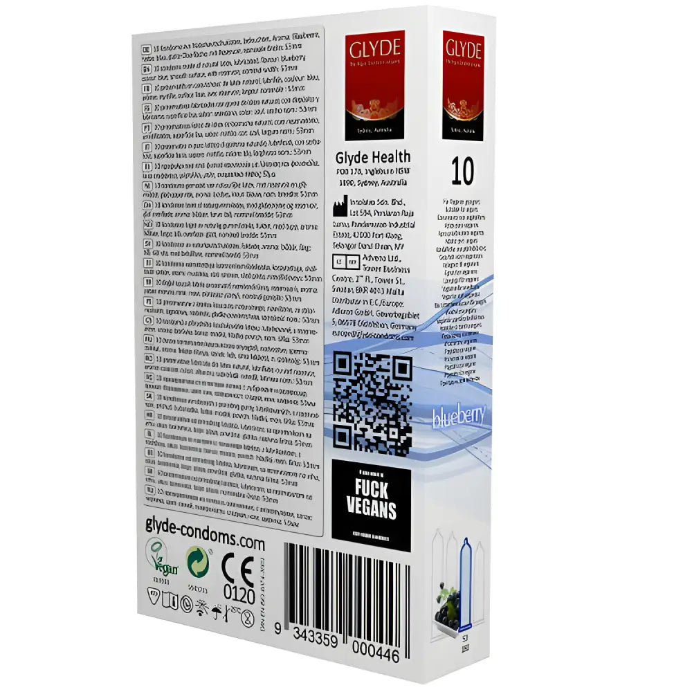 Glyde Ultra Blueberry Flavour Vegan Condoms 10 Pack - Save 15% - Fast - Sale United Kingdom Stoke-on-trent