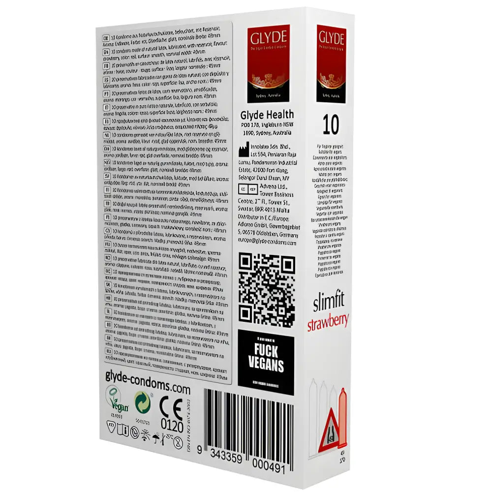 Glyde Ultra Slimfit Strawberry Flavour Vegan Condoms 10 Pack - Save 15% - Sale United Kingdom Stoke-on-trent