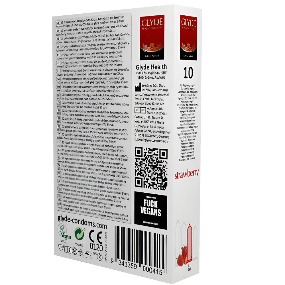 Glyde Ultra Strawberry Flavour Vegan Condoms 10 Pack - Save 15% - Sale United Kingdom Stoke-on-trent