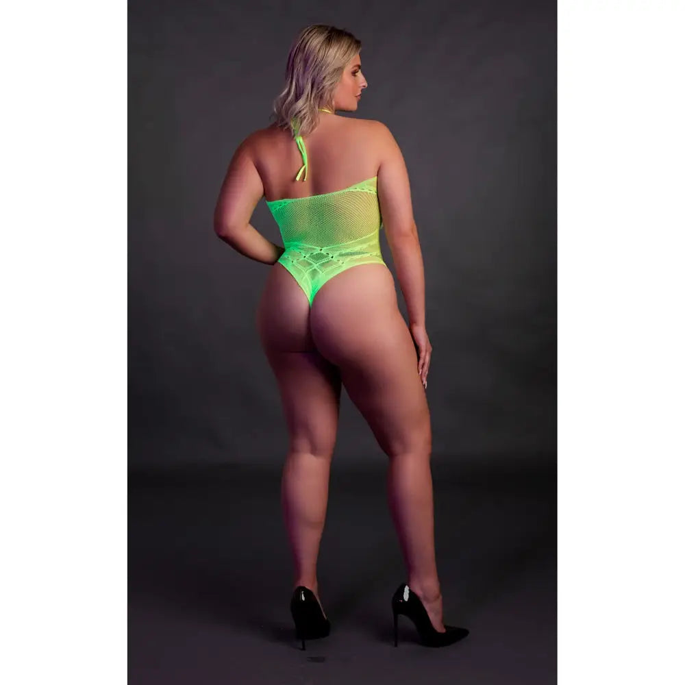 Halter Tie Neck Bodysuit Neon Green Plus Size - Fast Shipping - Sexy Lingerie United Kingdom Stoke-on-trent