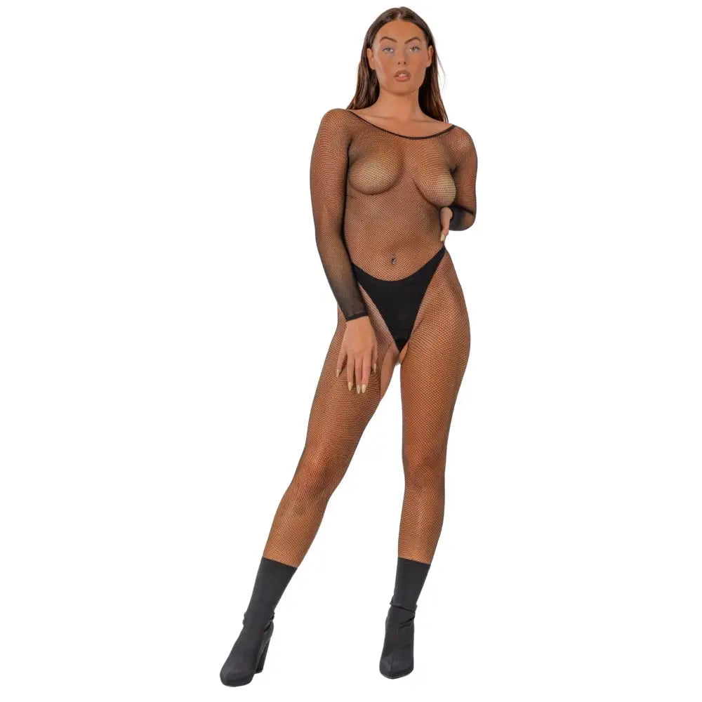 Lace by Lj Fishnet Crotchless Long Sleeve Bodystocking Black - Save 25% - Sale United Kingdom Stoke-on-trent