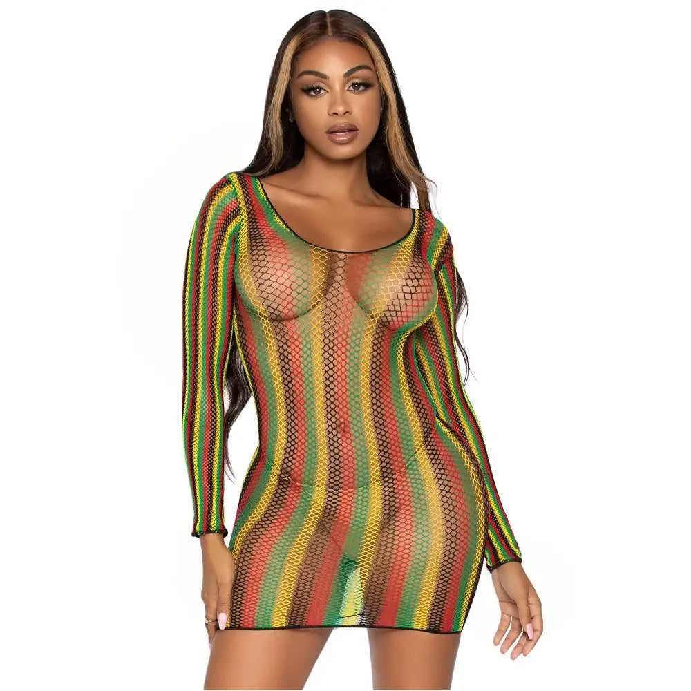 Leg Avenue Rasta Net Long Sleeve Mini Dress - Fast Shipping - Sexy Lingerie United Kingdom Stoke-on-trent