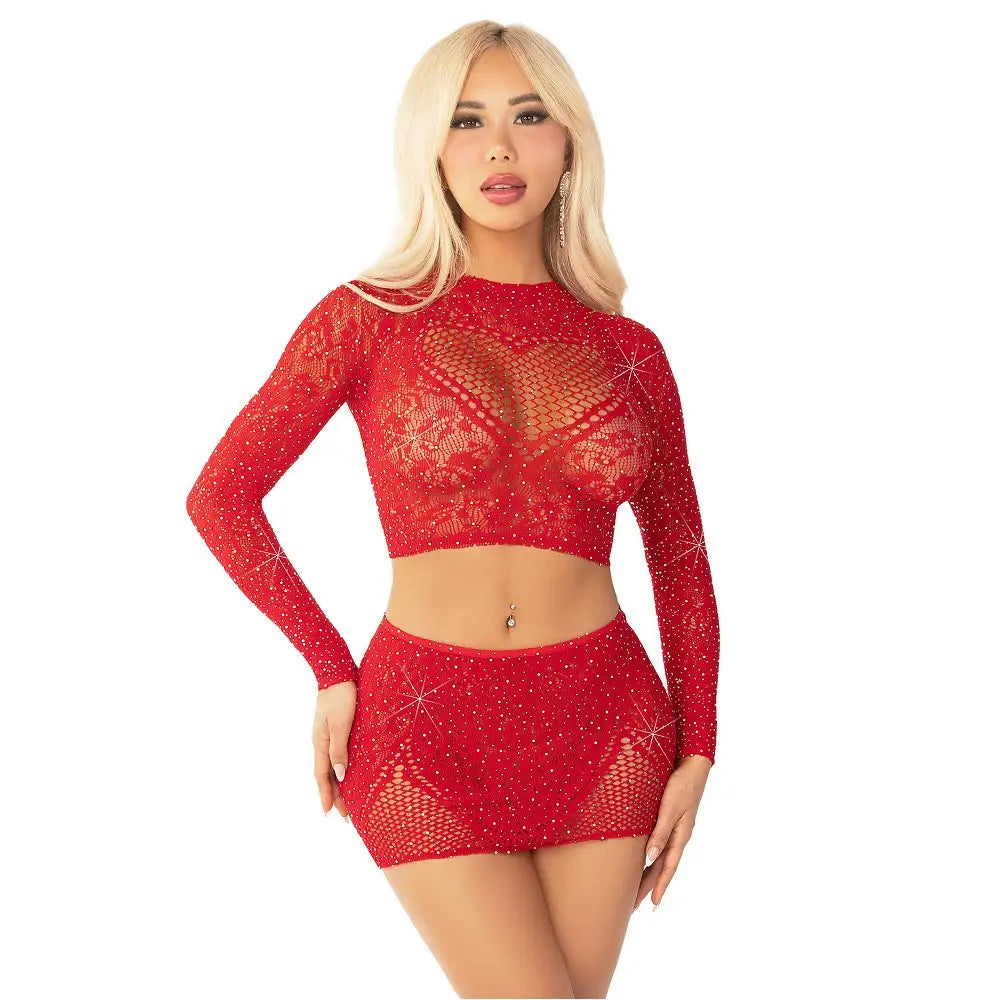 Leg Avenue Rhinestone Crop Top and Mini Skirt Red - Fast Shipping - Sexy Lingerie United Kingdom Stoke-on-trent