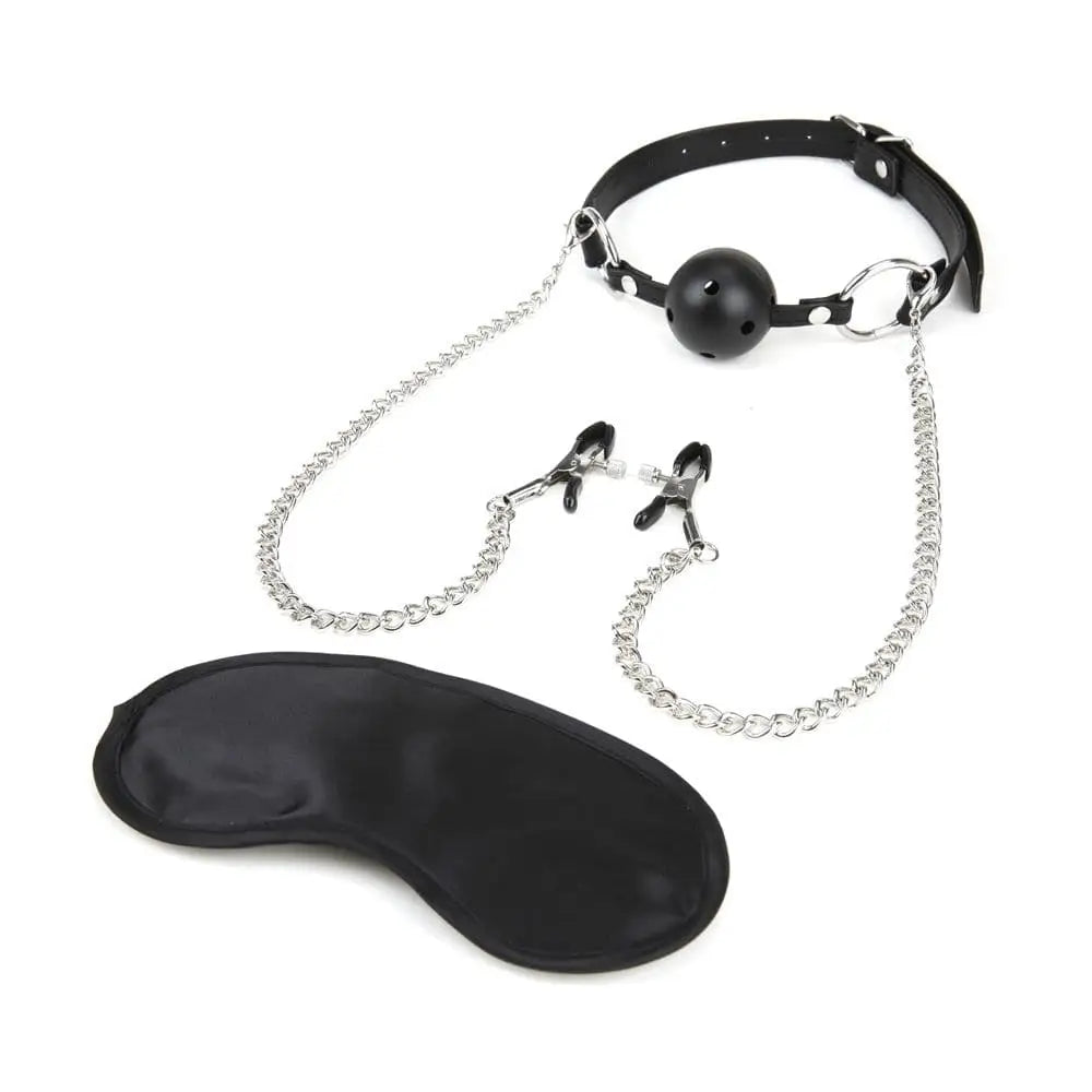 Lux Fetish Breathable Ball Gag with Nipple Chain Black - Sex Toys - Save 15% - Nipple - Sale United Kingdom Stoke-on-trent