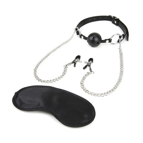 Lux Fetish Breathable Ball Gag with Nipple Chain Black - Sex Toys - Save 15% - Nipple - Sale United Kingdom Stoke-on-trent