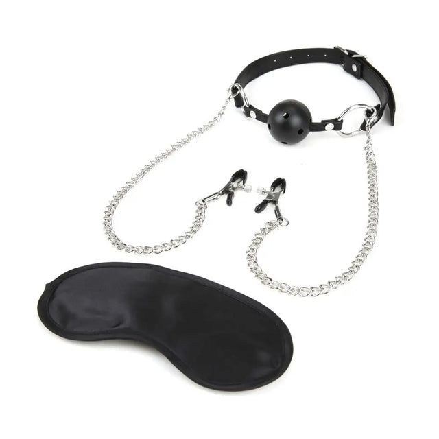 Lux Fetish Breathable Ball Gag with Nipple Chain Black - Sex Toys - Save 15% - Nipple - Sale United Kingdom Stoke-on-trent
