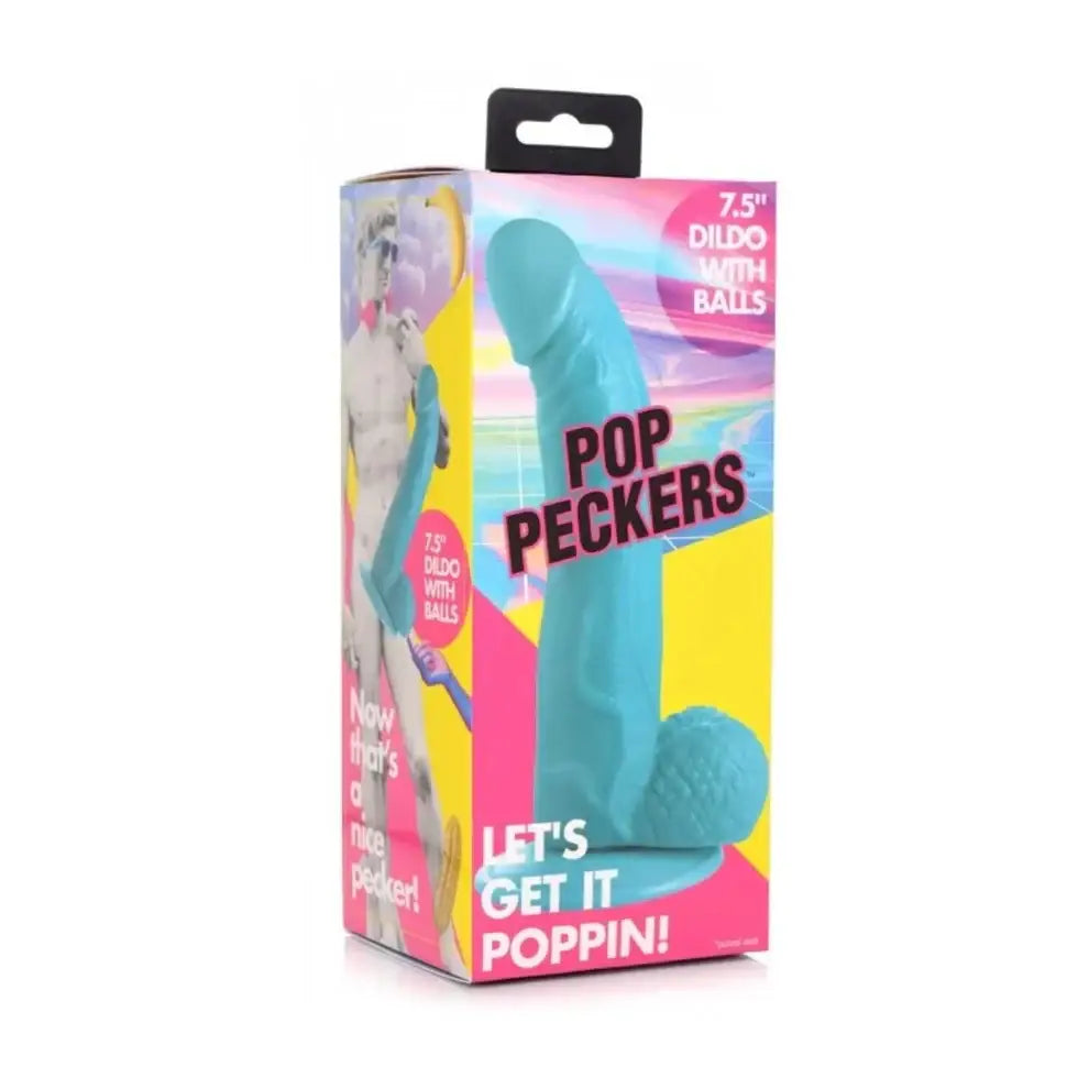 Pop Peckers Large Dildo with Balls 7.5 Inch Blue Suction Cup - Save 20% - with - United Kingdom Stoke-on-trent