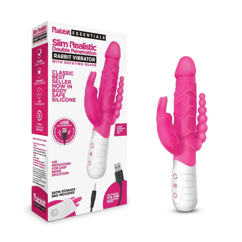 Rabbit Essentials Rr Rechargeable Slim Double Penetration Vibrator Pink - Save 20% - Rr - United Kingdom Stoke-on-trent