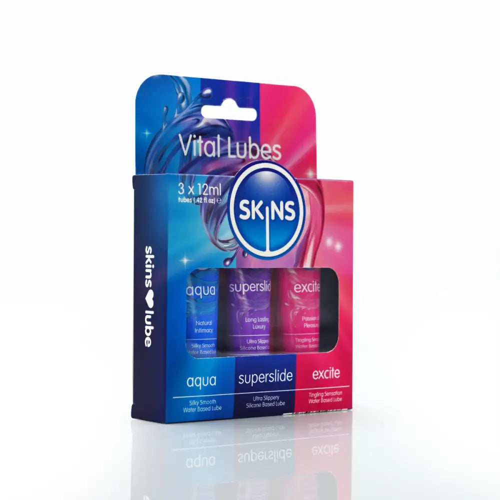 Skins 12ml Vital 3 Pack Sex Toy Lube Sampler – Aqua Superslide & Excite - Save 30% - Water Silicone Tingling - Sale United Kingdom