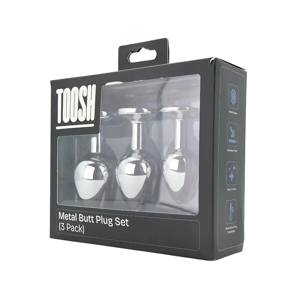 Toosh Metal Butt Plug Silver Set of 3 Clear Stone - Save 5% - Anal Dildos United Kingdom Stoke-on-trent