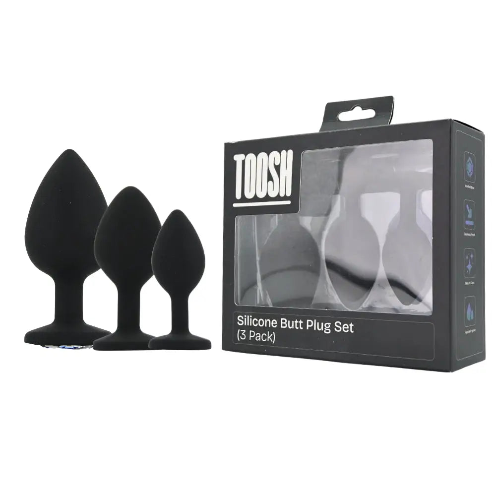 Toosh Silicone Butt Plug Black Set of 3 Clear Stone - Save 5% - Anal Dildos United Kingdom Stoke-on-trent