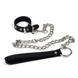 BDSM Faux Leather Cock Collar and Metal Leash