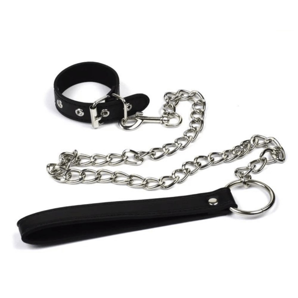 BDSM faux læder pik krave og metal snor