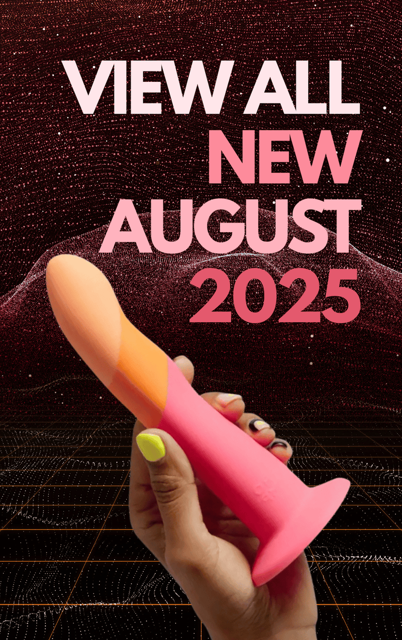 Hand holding a pink and orange object with text 'VIEW ALL NEW AUGUST 2025' on a dark background