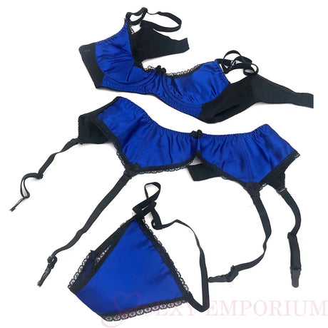 Blue Satin Quarter Cup Bra Lingerie Set - Save 25% - Fast Shipping - Sale United Kingdom Stoke-on-trent