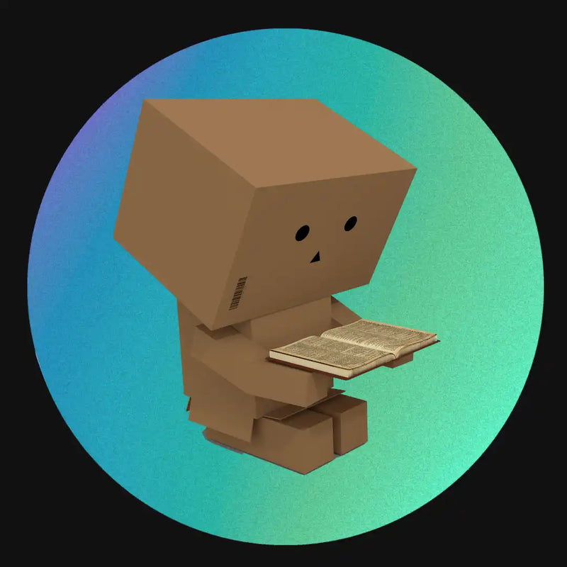 Cardboard box character reading a book.