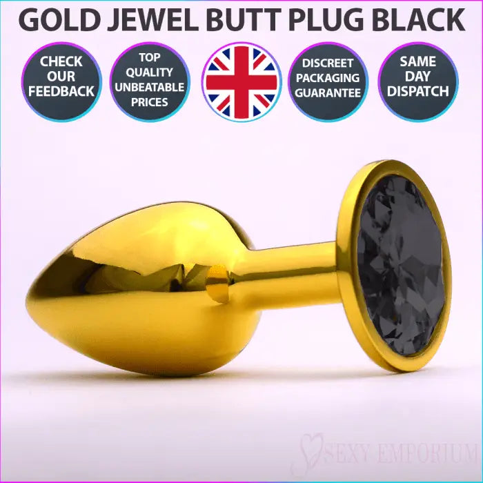 Chrome Gold Jewelled Butt Plug Black - Save 10% - Fast Shipping - Sale United Kingdom Stoke-on-trent