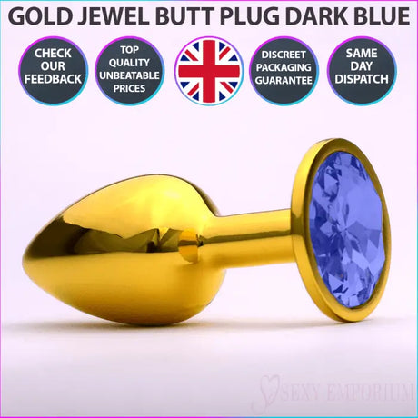 Chrome Gold Jewelled Butt Plug Dark Blue - Save 25% - Fast Shipping - Sale United Kingdom Stoke-on-trent