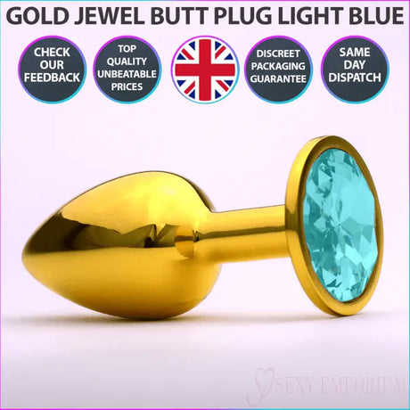 Chrome Gold Jewelled Butt Plug Light Blue - Save 20% - Fast Shipping - Sale United Kingdom Stoke-on-trent