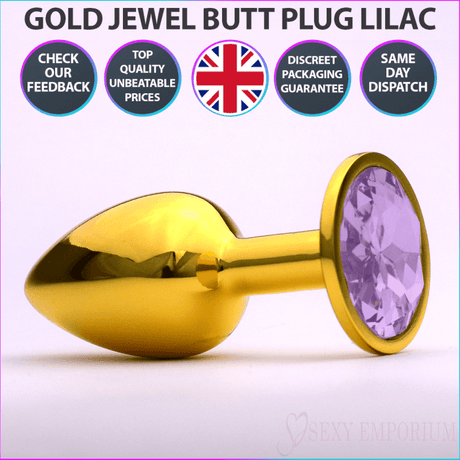 Chrome Gold Jewelled Butt Plug Lilac