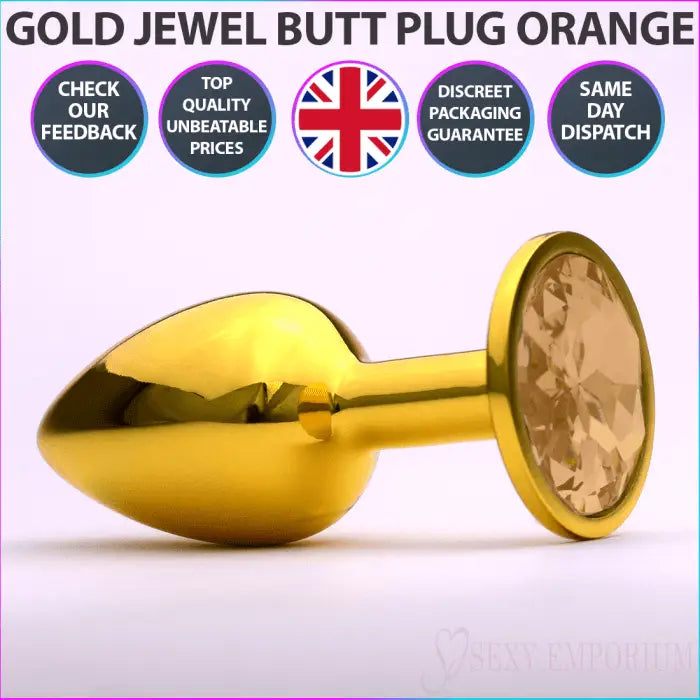 Chrome Gold Jewelled Butt Plug Orange - Save 10% - Fast Shipping - Sale United Kingdom Stoke-on-trent