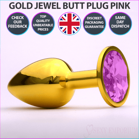 Chrome Gold Jewelled Butt Plug Pink