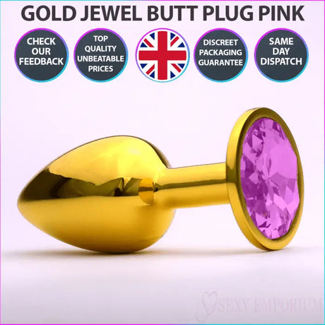 Chrome Gold Jewelled Butt Plug Pink - Save 20% - Fast Shipping - Sale United Kingdom Stoke-on-trent