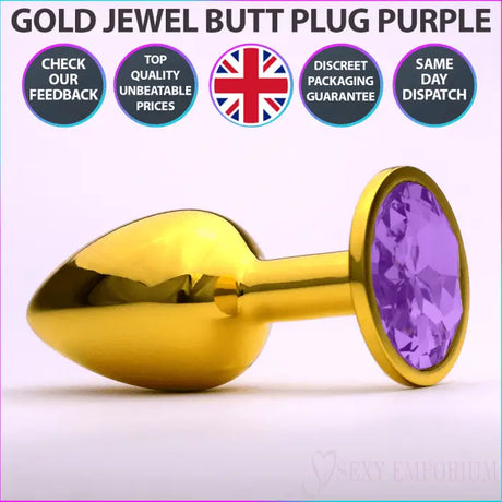 Chrome Gold Jewelled Butt Plug Purple - Save 20% - Fast Shipping - Sale United Kingdom Stoke-on-trent