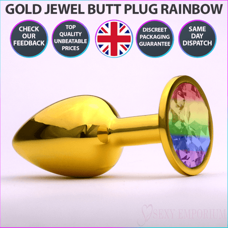 Chrome Gold Jewelled Butt Plug Rainbow