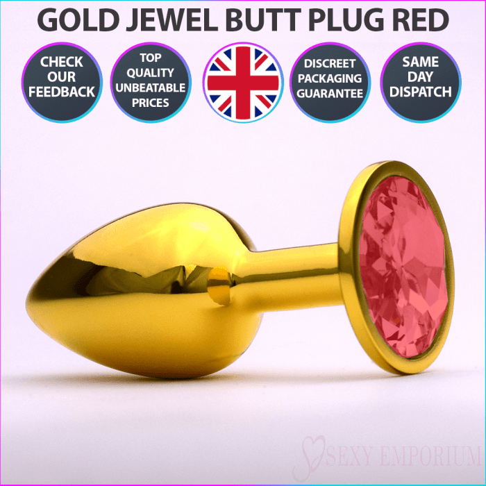 Chrome Gold Jewelled Butt Plug Red