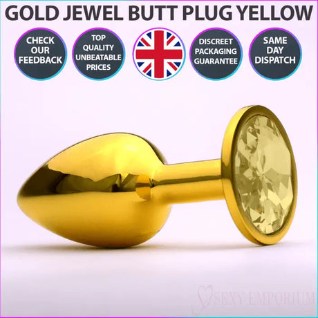 Chrome Gold Jewelled Butt Plug Yellow - Save 10% - Fast Shipping - Sale United Kingdom Stoke-on-trent