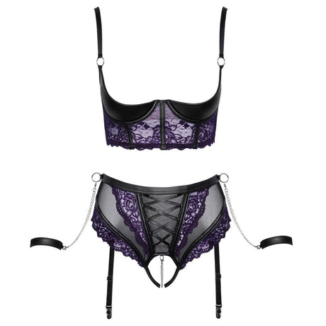 Cottelli Quarter Cup Bra Suspender Briefs and 2 Handcuffs - Sale