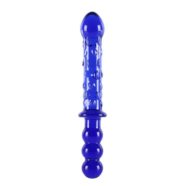 9 Inch Double Ended Blue Glass Ribbed Dildo