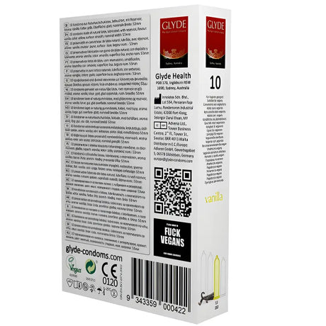 Glyde Ultra Vanilla Flavour Vegan Condoms 10 Pack - Save 25% - Fast Shipping - Sale United Kingdom Stoke-on-trent
