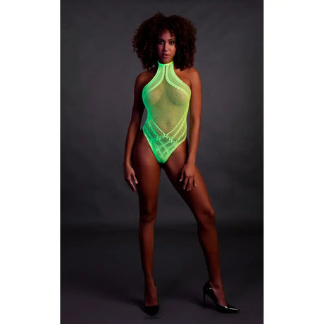 Halter Tie Neck Bodysuit Neon Green one Size one Fast Shipping Sexy Lingerie United Kingdom Stoke on Trent