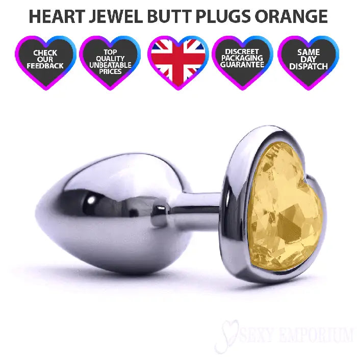 Heart Silver Butt Plug Orange - Save 15% - Fast Shipping - Sale United Kingdom Stoke-on-trent
