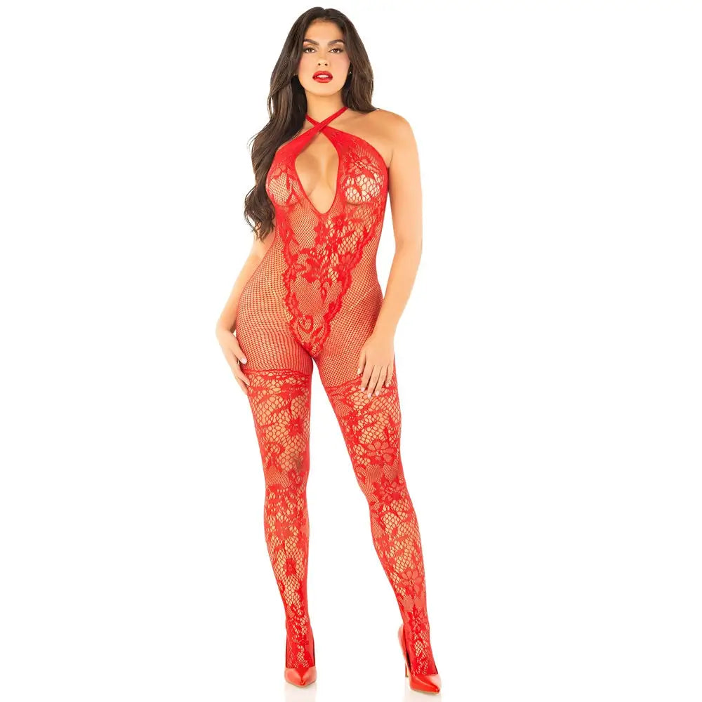 Leg Avenue Bodystocking with Crossover Halter Red - Save 5% - Sale United Kingdom Stoke-on-trent