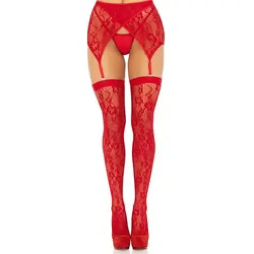 Leg Avenue Lace Stockings and Garterbelt Red - Original Sexy Emporium United Kingdom Stoke-on-trent