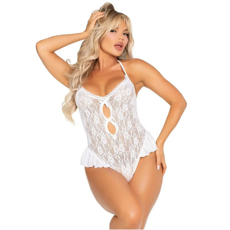 Leg Avenue Lace Teddy with Bow and Ruffles White Fast Shipping Sexy Lingerie United Kingdom Stoke on Trent