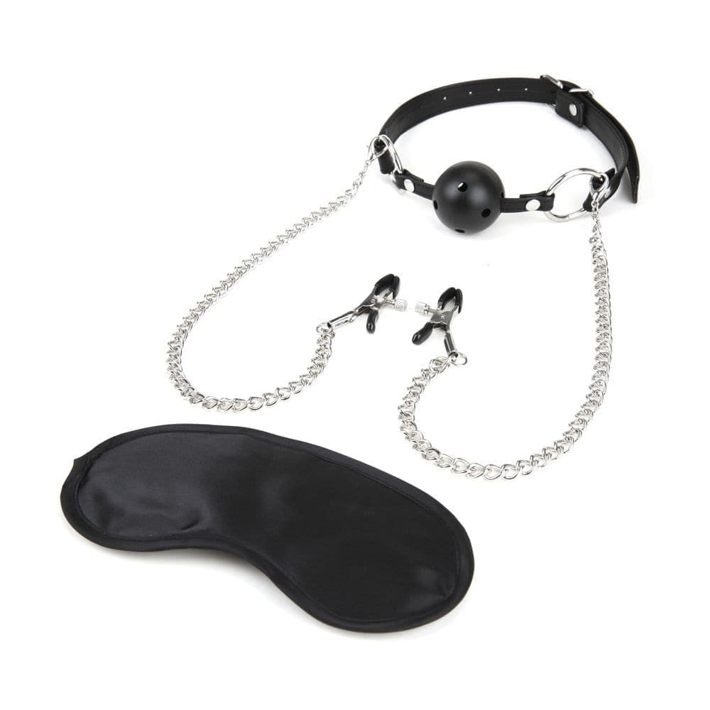 Lux Fetish Breathable Ball Gag with Nipple Chain Black - Sex Toys - Save 20% - Sale