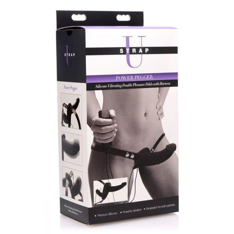 Power Pegger Black Silicone Vibrating Double Dildo with Harness - Save 30% - Sale