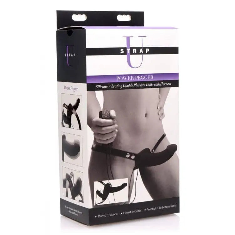 Power Pegger Black Silicone Vibrating Double Dildo with Harness - Save 30% - Sale United Kingdom Stoke-on-trent