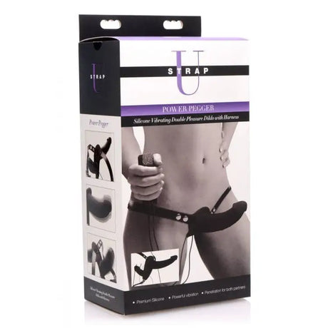 Power Pegger Black Silicone Vibrating Double Dildo with Harness - Save 30% - Sale United Kingdom Stoke-on-trent