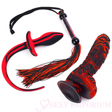 Red & Black Silicone Dildo, Butt Plug, & Whip Set - Sexy Emporium