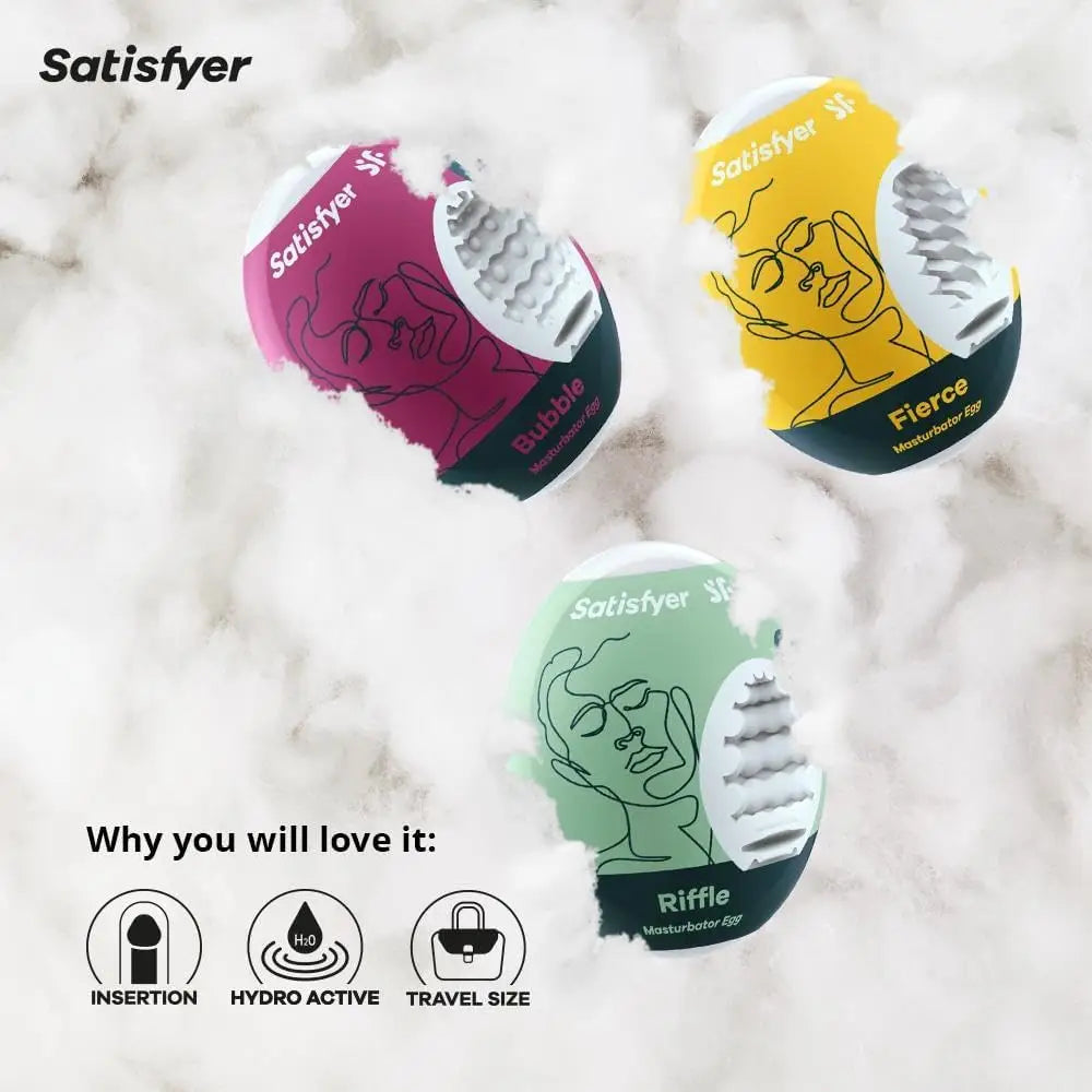 Satisfyer Masturbator Egg Different Textures Hydro-active Tpe no Lubricant Required for Single use Stil: 3x Set Ruffle Bubble Fierce - Save