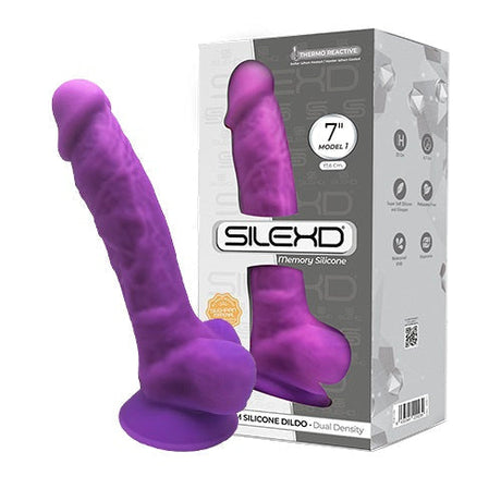 Dildo Dwysedd Deuol Silicon Realistig Silexd 7 modfedd gyda Chwpan Sugno a Pheli Porffor