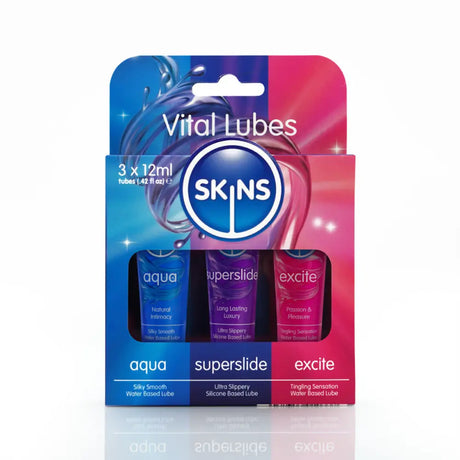 Skins 12ml Vital 3 Pack Sex Toy Lube Sampler – Aqua Superslide & Excite - Save 30% - Water Silicone Tingling - Sale United Kingdom
