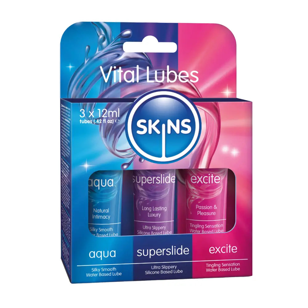 Skins 12ml Vital 3 Pack Sex Toy Lube Sampler – Aqua Superslide & Excite - Save 30% - Water Silicone Tingling - Sale United Kingdom